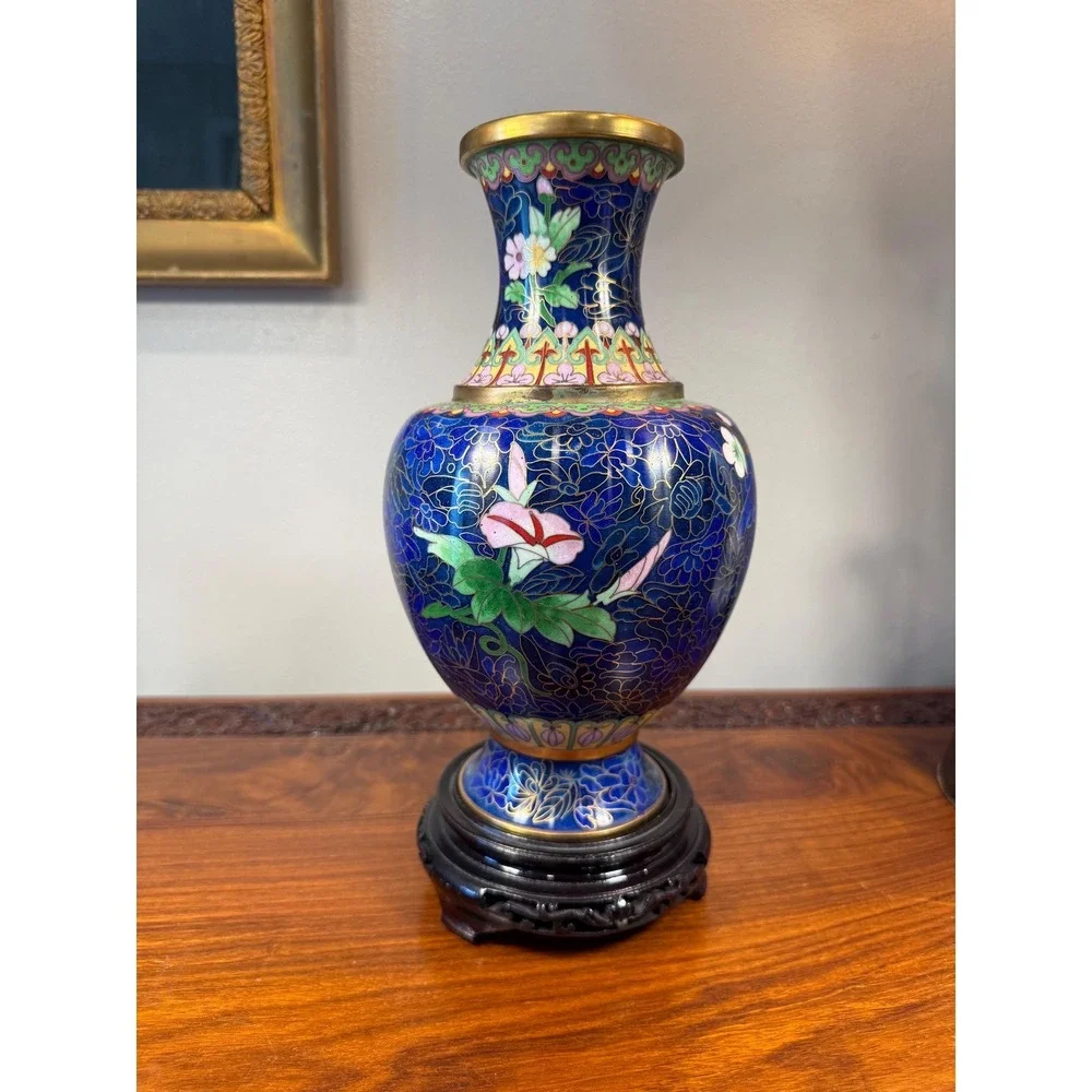 Vintage Cloisonné Vase with Carved Wood Stand